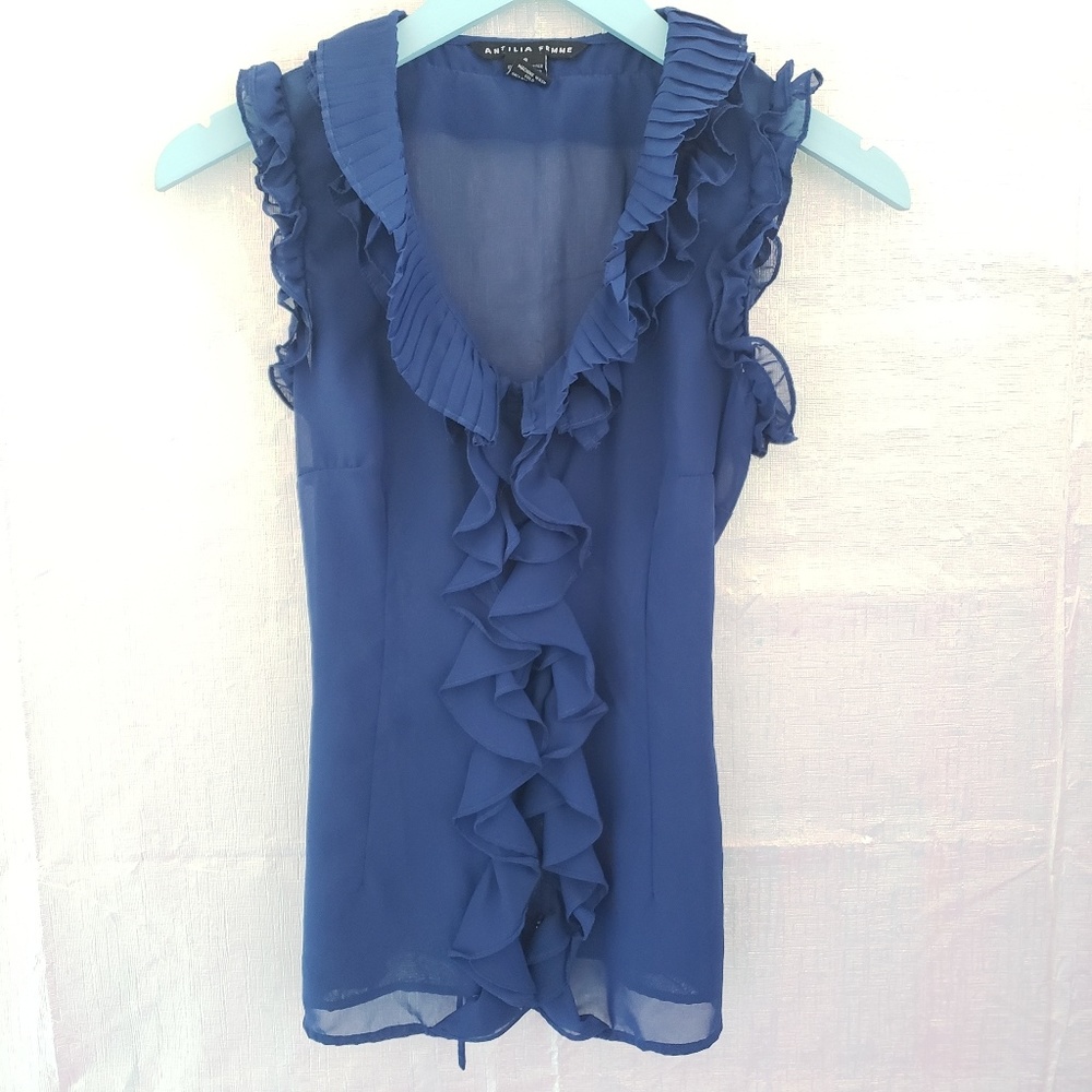 Antilia Femme Sheer Button Down Ruffle Blouse